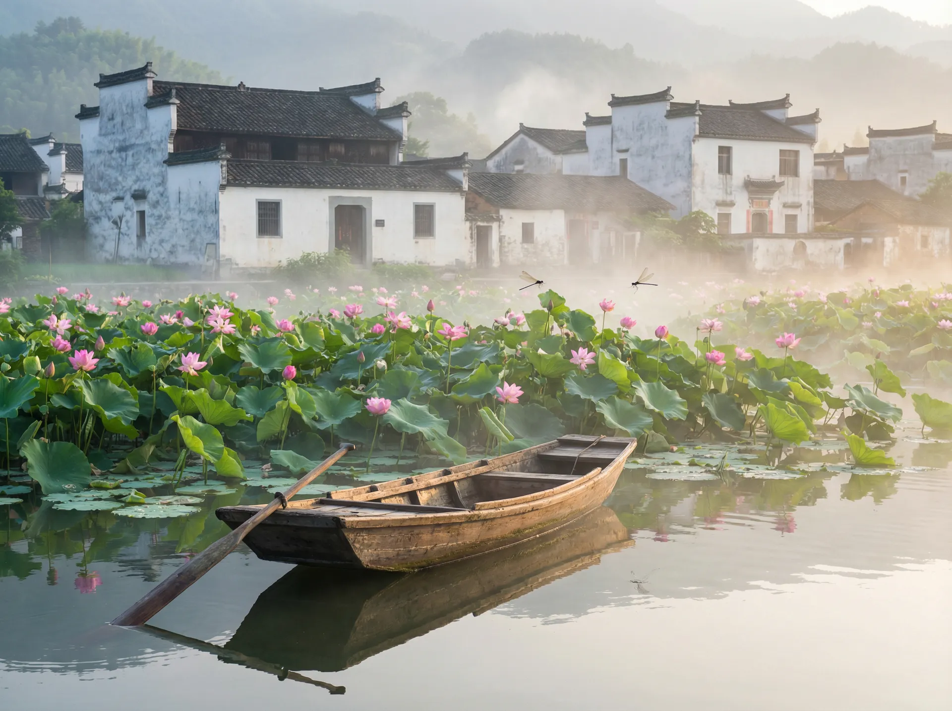 清晨荷塘小舟，粉色荷花盛开，白墙黑瓦的村庄 - 地狱解剖 下载 水乡风情